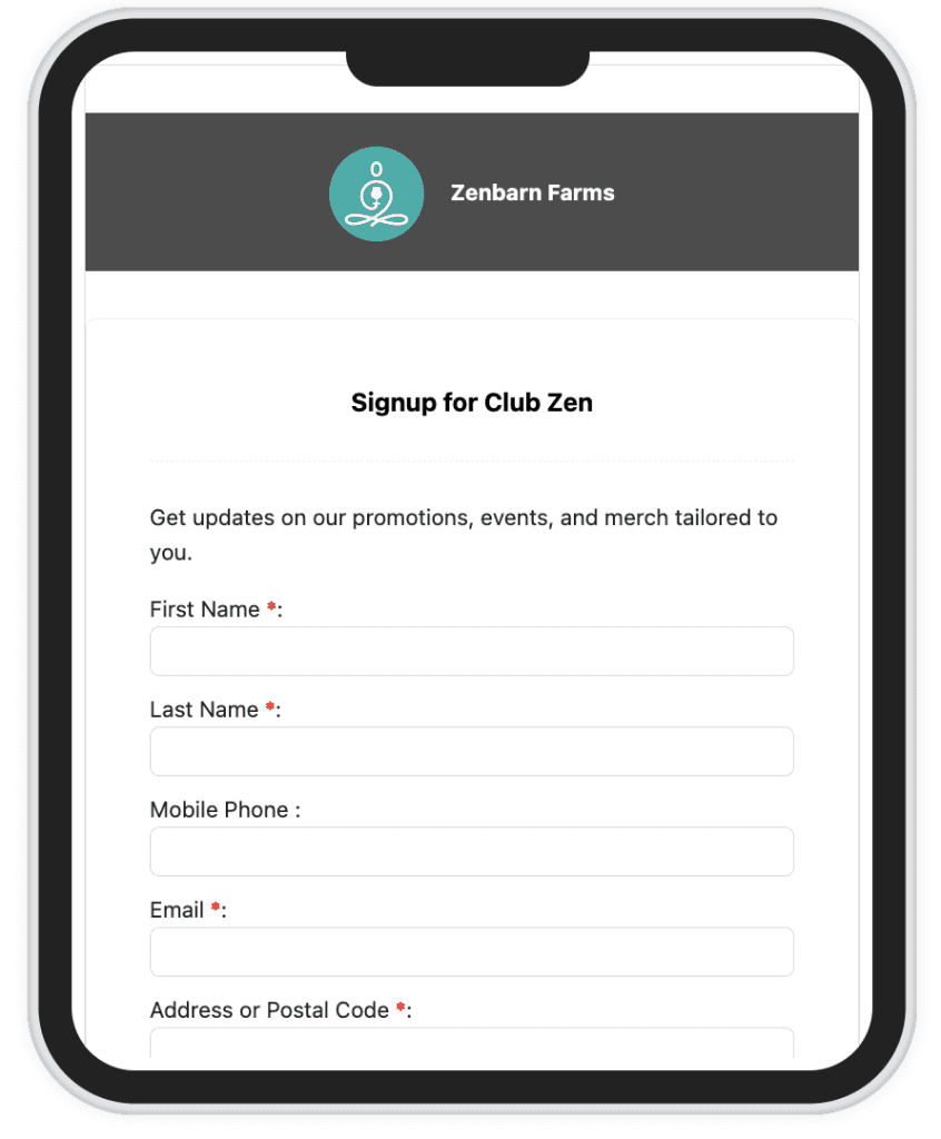 screenshot of signup for club zen