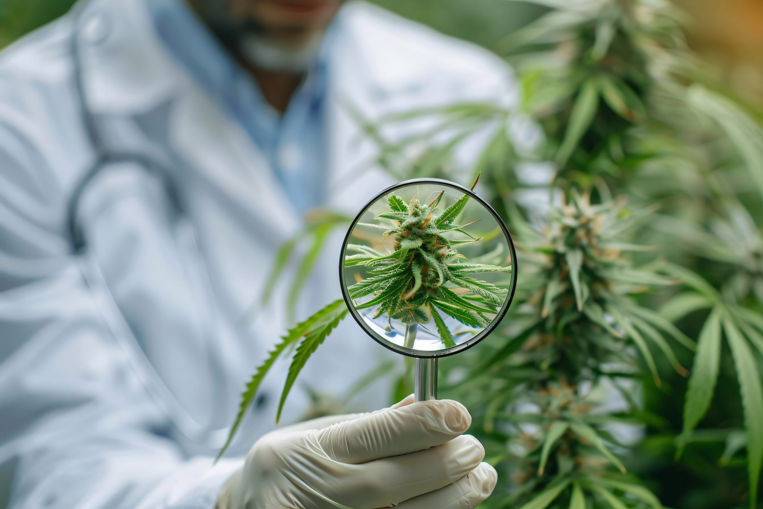 Researcher examining cannabis plant with magnifying glass in a lab, studying medical marijuana for pharmaceutical uses.