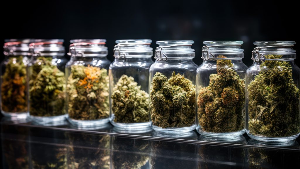 glass jars with different strain of cannabis display case with buds of medical marijuana generative ai.
