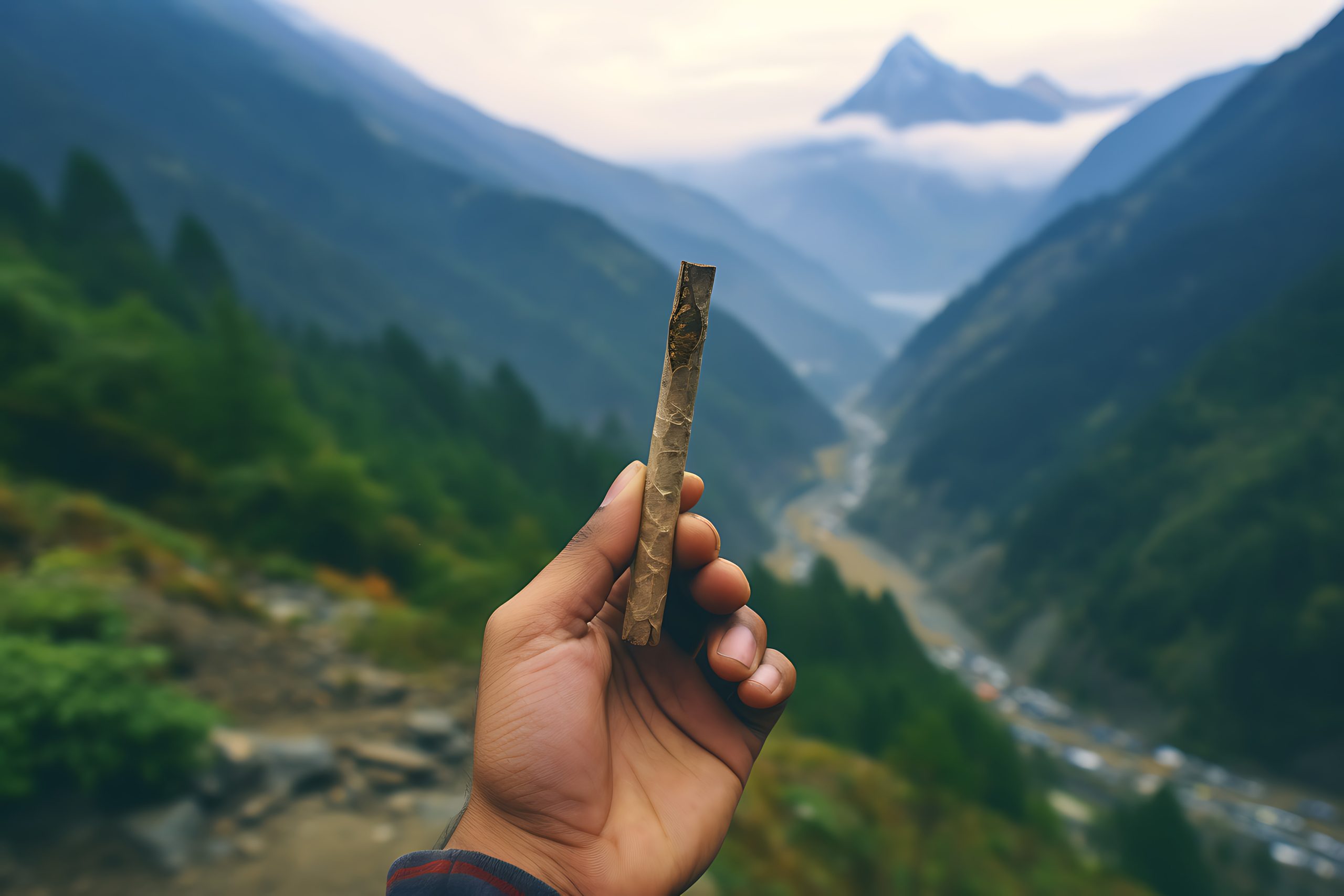 Hand holding a smoking joint in the himalaya, weed, mountains, himalaya mountains in the background