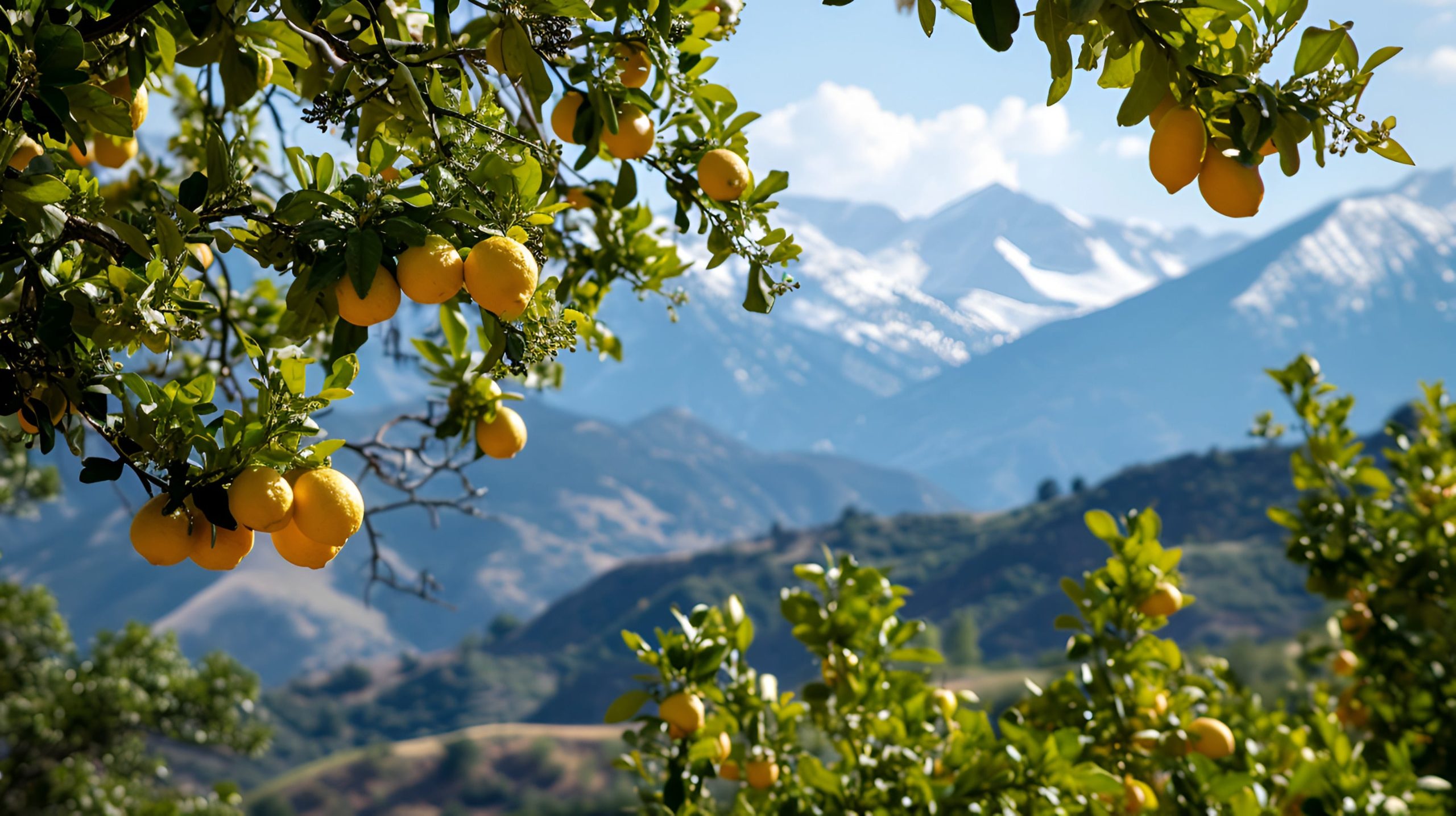 a lemon tree in the foreground with a view of snow-capped colorado mountains behind it