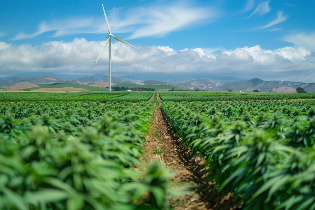 expansive cannabis field with picturesque windmill lush green plants in neat rows sustainable agriculture rustic charm meets modern crop